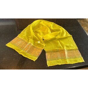 Vintage Scarf Yellow & Gold 100% Pure Silk Gold Thread Floral Pattern Handwoven